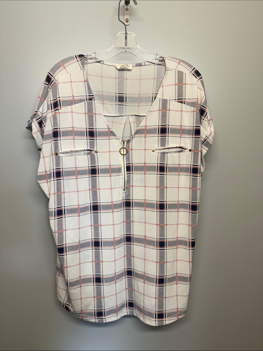 Anthropologie Flower and Feather Plaid Zip-Front Blouse in White, Navy & Blush